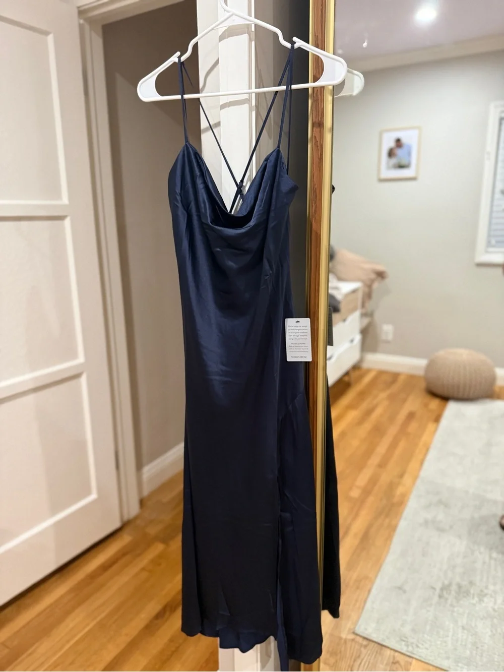 Astr Navy Satin Cowl Midi Dress with High Side Slit - Picture 3 of 7